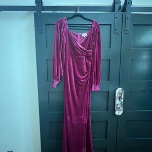 Aura Pink Asymmetrical Ruched Gown with Bishop Sleeves